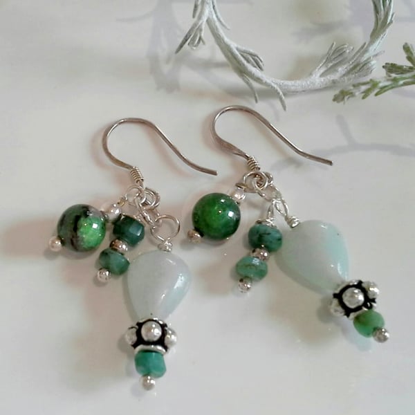 Cluster Emerald, Amazonite,  Ruby Zoizite,  Sterling Silver Earrings