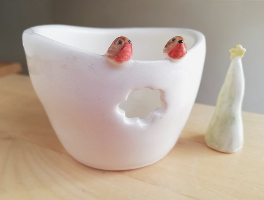 Tealight with 2 robin birds and cloud cut out Ceramic candle holder