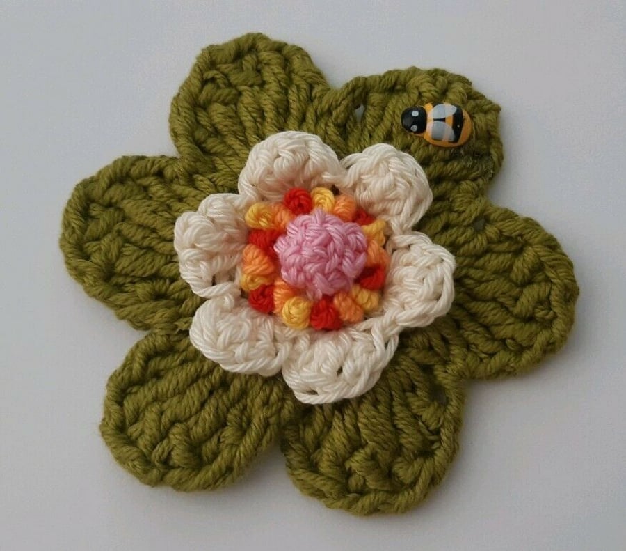 Large Green Cotton Crochet Flower- Crafts - Embellishments- Appliques