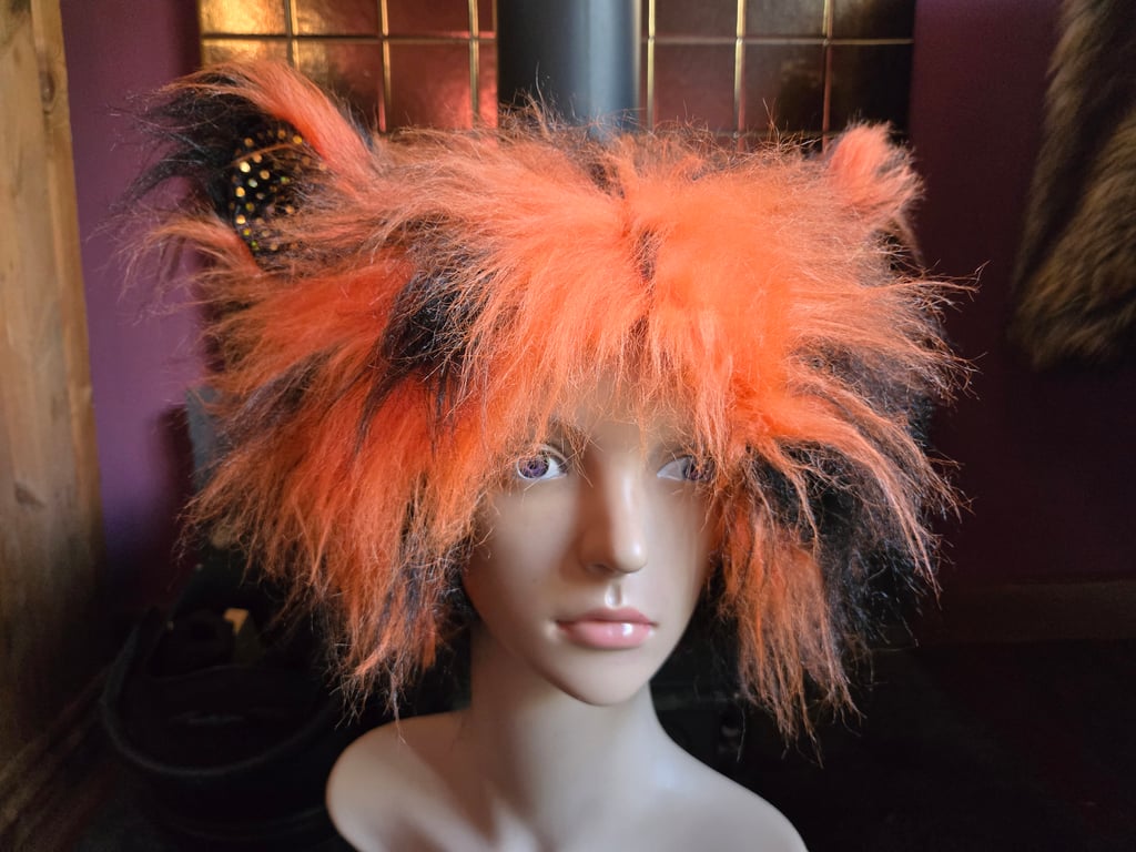 Psychedelic Rave Punk Shaggy Long Faux Fur Ears Hat Orange Black One of a Kind