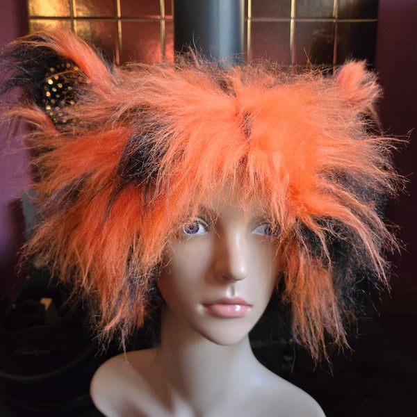 Psychedelic Rave Punk Shaggy Long Faux Fur Ears Hat Orange Black One of a Kind