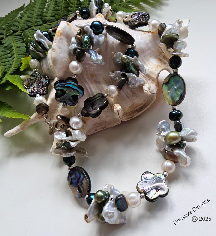 Designer Kewi & Freshwater Pearls,  Abolone Shell, Sterling Silver Necklace