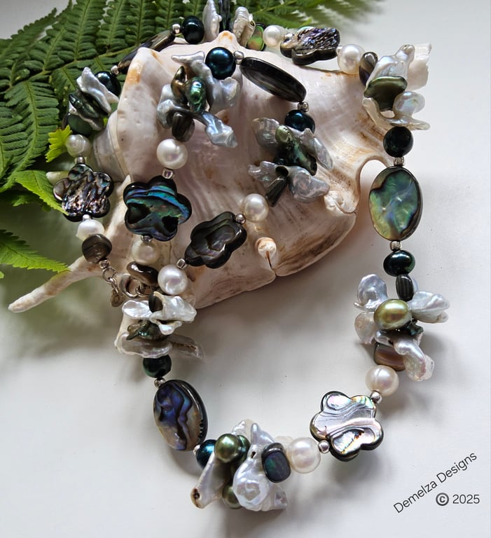 Designer Kewi & Freshwater Pearls,  Abolone Shell, Sterling Silver Necklace