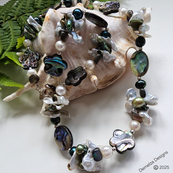 Designer Kewi & Freshwater Pearls,  Abolone Shell, Sterling Silver Necklace