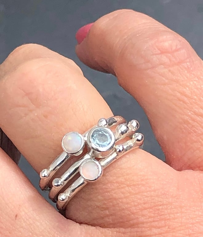 Aquamarine Stack Ring, rain, stack ring, Opal stack ring, raindrops stack ring,