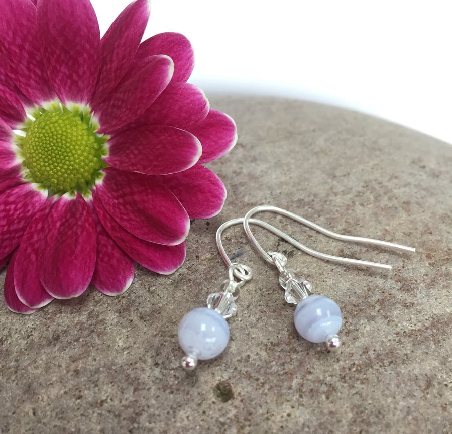 Sterling Silver Blue Lace Agate and Crystal Earrings
