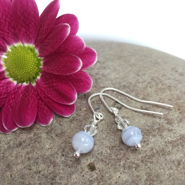 Sterling Silver Blue Lace Agate and Crystal Earrings