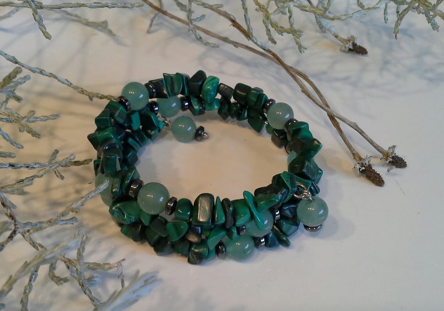 Genuine Malachite, Aventurine & Heamotite  Memory Wire Wrap Bracelet