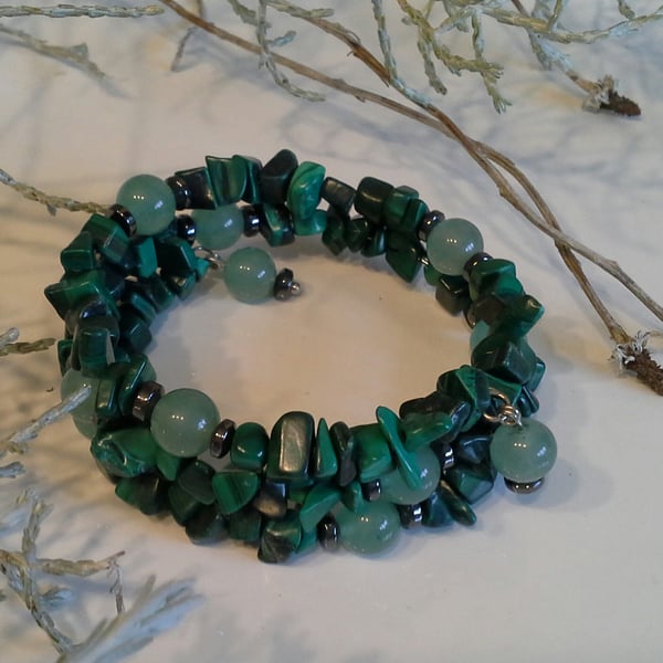 Genuine Malachite Nugget, Aventurine & Heamotite  Memory Wire Wrap Bracelet