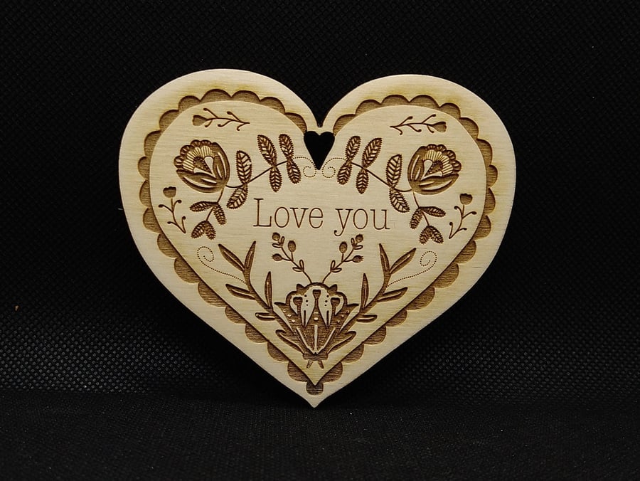 Folk Art Heart Decoration, hand drawn, laser etched and laser cut on wood