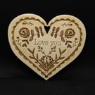 Folk Art Heart Decoration, hand drawn, laser etched and laser cut on wood