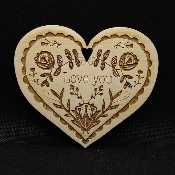 Folk Art Heart Decoration, hand drawn, laser etched and laser cut on wood