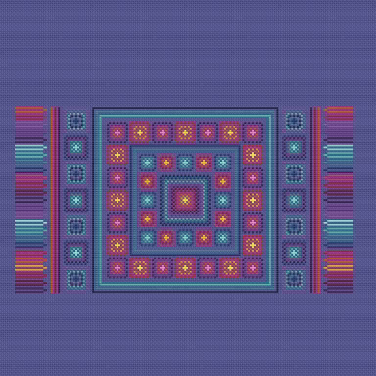 005 Afghan crochet granny squares blanket-rug in a cross stitch sampler 