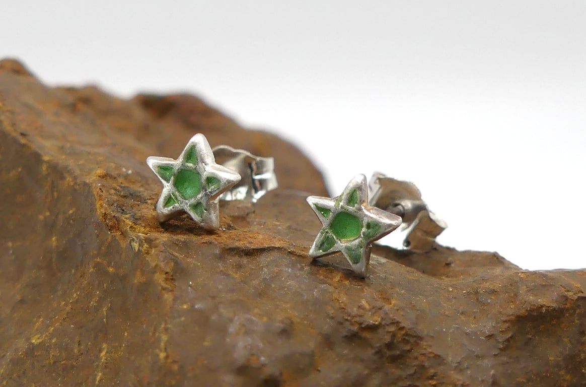 Recycled Sterling Silver Pentagram Stud Earrings with a Green Patina.