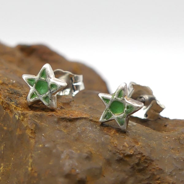 Recycled Sterling Silver Pentagram Stud Earrings with a Green Patina.