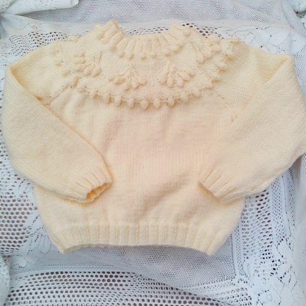 Hand Knitted Girls Winter Jumper with Cherry Patterned Yoke, Children's Jumper