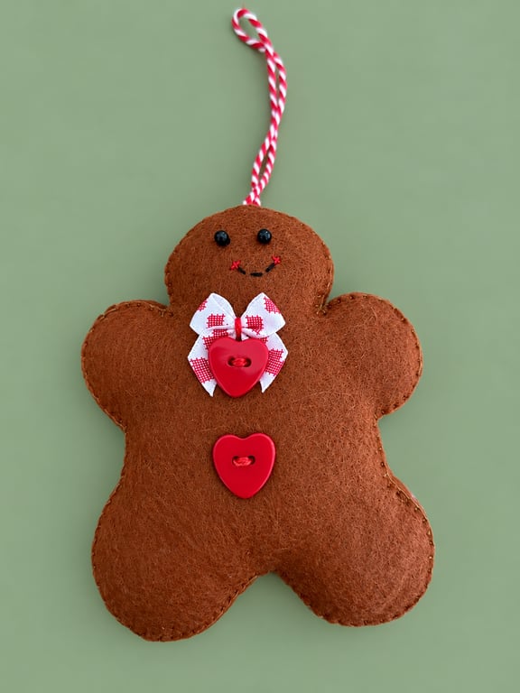 Handmade Felt Gingerbread Christmas Decoration – Red Hearts & Festive Bow