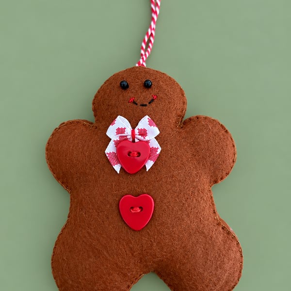 Handmade Felt Gingerbread Christmas Decoration – Red Hearts & Festive Bow