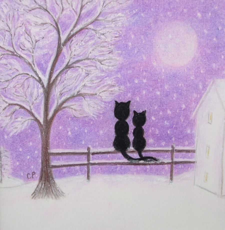 Cat Christmas Card, Mother Daughter Art Card, Snow Black Cats Moon Tree Card