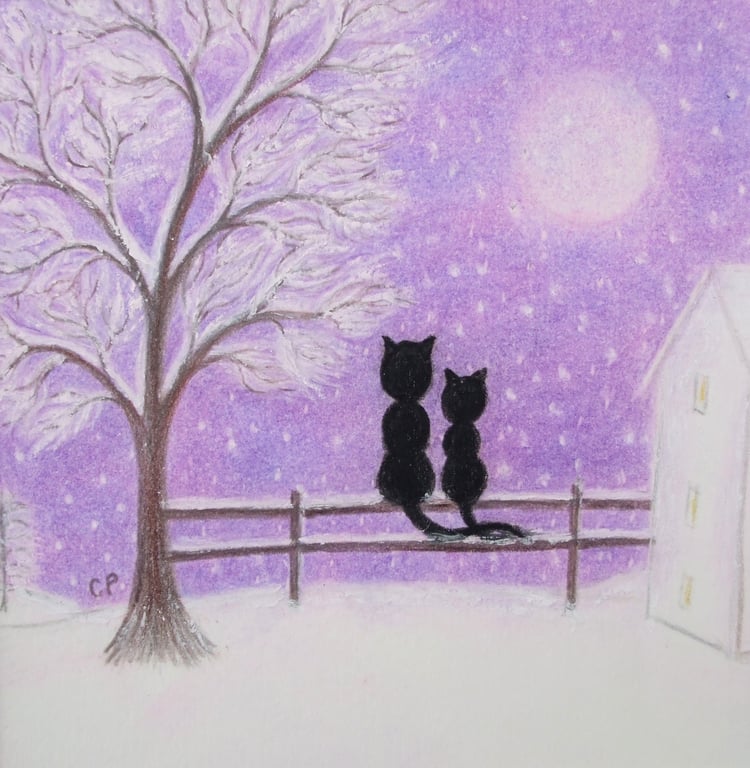 Cat Christmas Card, Mother Daughter Art Card, Snow Black Cats Moon Tree Card