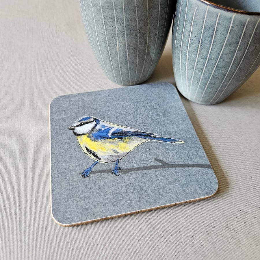 Blue-tit coaster, melamine, cork backed