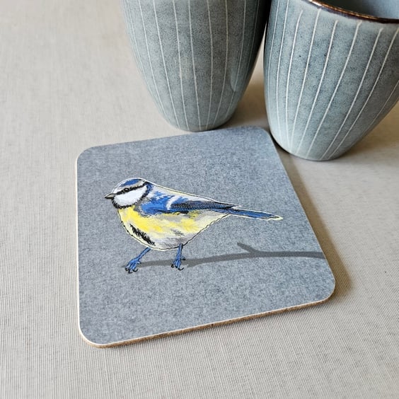Blue-tit coaster, melamine, cork backed