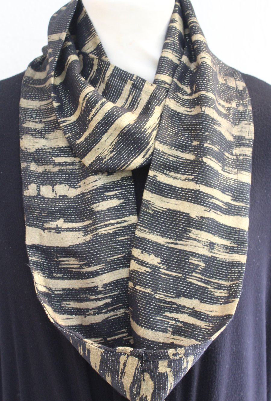 Black infinity scarf,gold abstract hand printed, up-cycled scarf,soft cotton