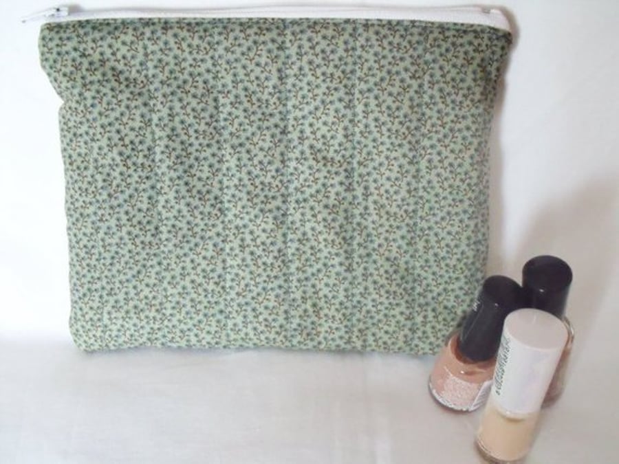green ditsy print zipped make up pouch, pencil case or crochet hook case
