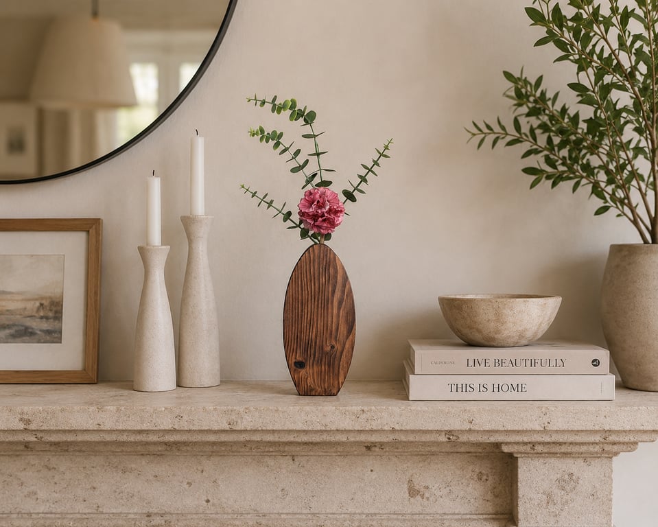 Reclaimed Wooden Bud Vase - Handmade Artisan Home Décor with Faux Flowers