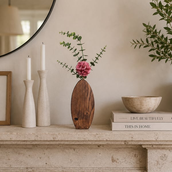Reclaimed Wooden Bud Vase - Handmade Artisan Home Décor with Faux Flowers