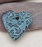 Medium Petrol Blue Leaf Texture Heart Shaped Ceramic Pendant - Image 1