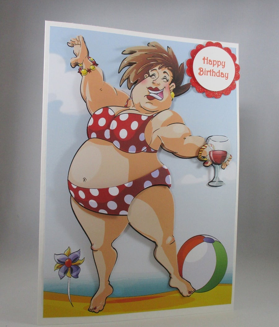Humorous Bikini and Wine Birthday Card, handmade,3D,personalise