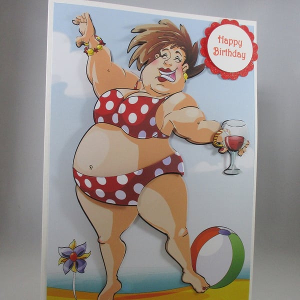 Humorous Bikini and Wine Birthday Card, handmade,3D,personalise
