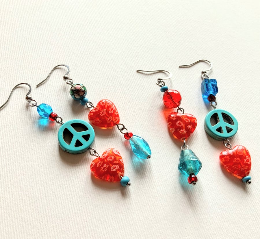 Asymmetrical Peace and Love Earrings 