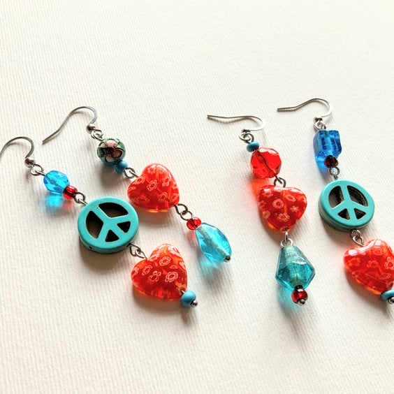 Asymmetrical Peace and Love Earrings 