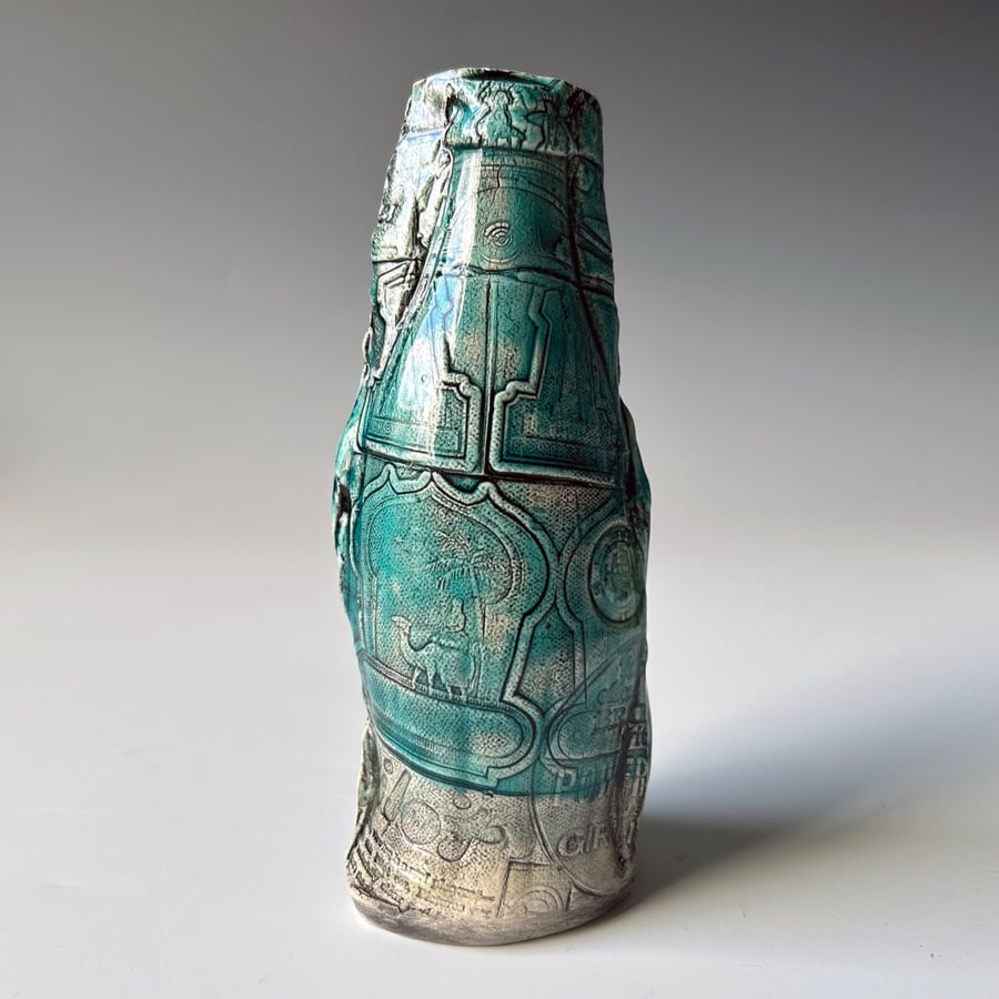 Ceramic Sculptural Vessel Made with Old Printing Plates and Cola Bottle Mould