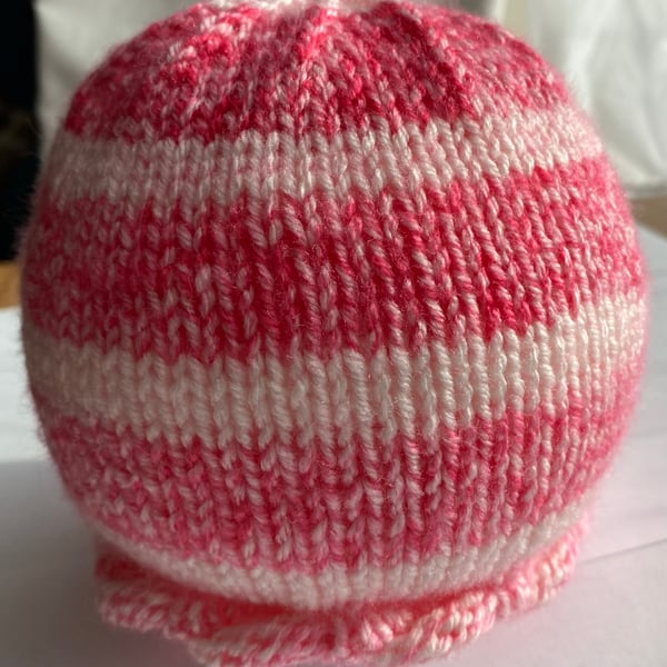 Pretty in pink frilled  knitted baby hat