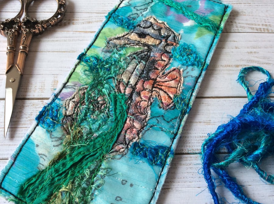 Embroidered 100% up-cycled seahorse bookmarks.  