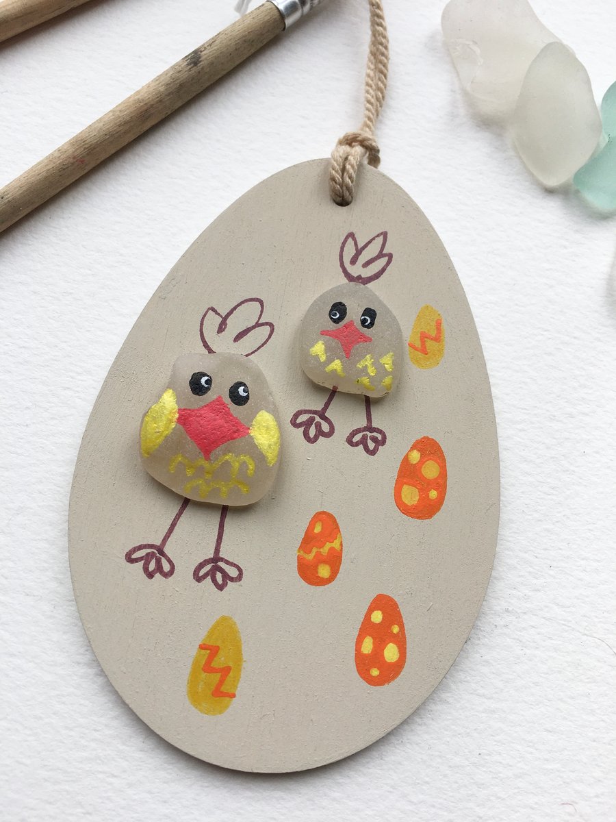 Wooden Easter egg with sea glass hanging decoration 