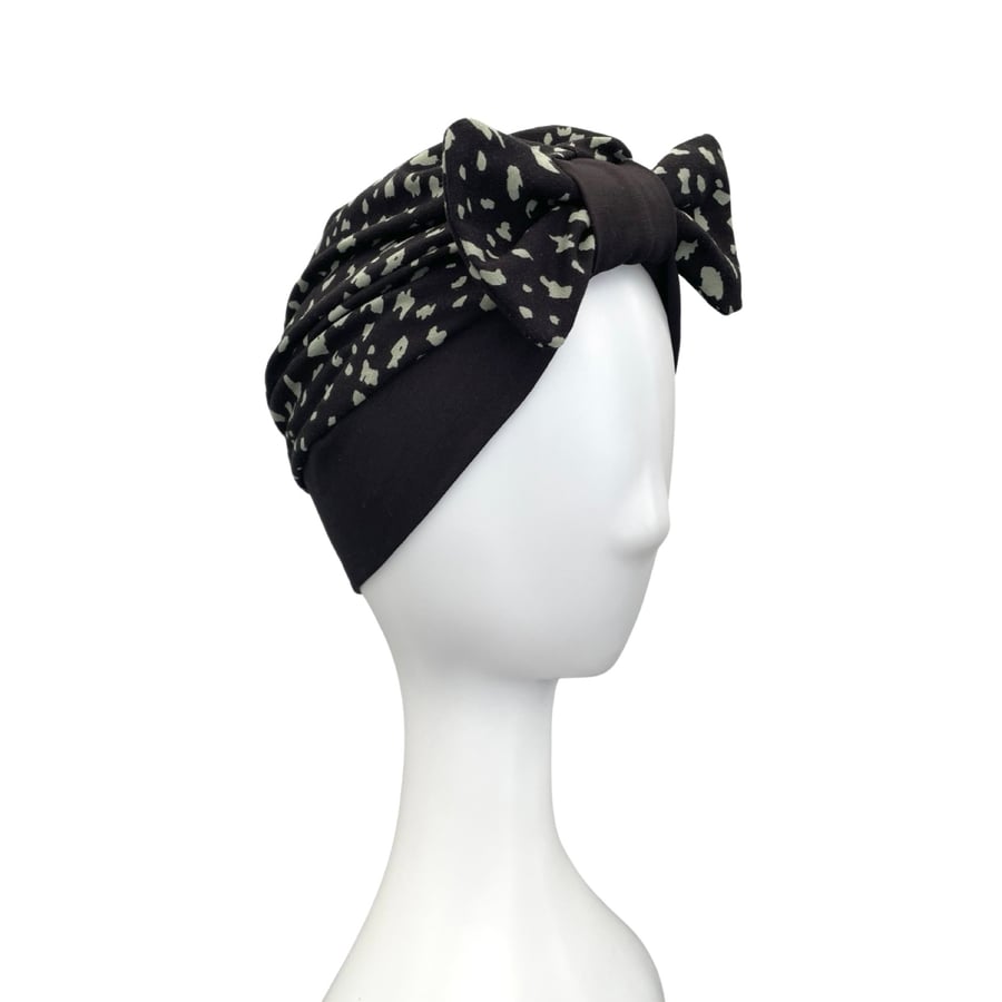 Speckled Black Bow Turban Hat, Handmade Ladies Head Covering Hair Loss