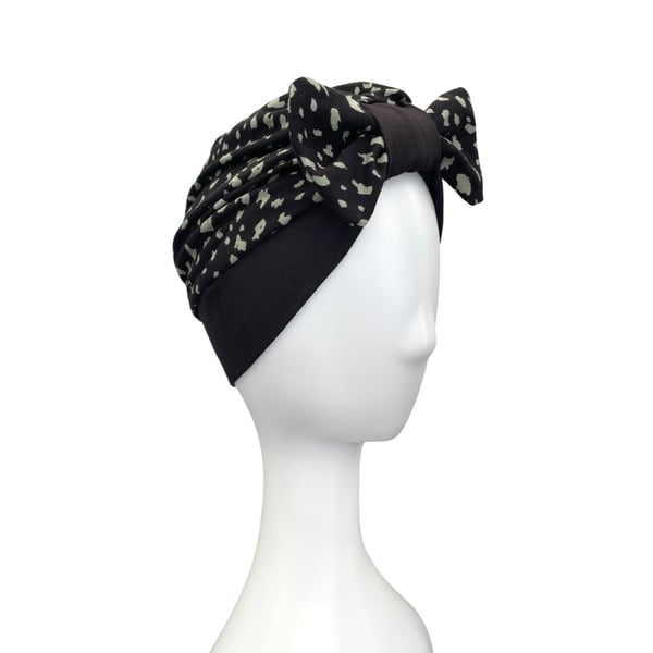 Speckled Black Bow Turban Hat, Handmade Ladies Head Covering Hair Loss