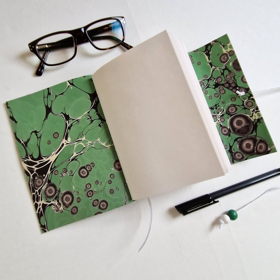 Black Leather Journal or Sketchbook with Green and Black Marble Paper Lining, 