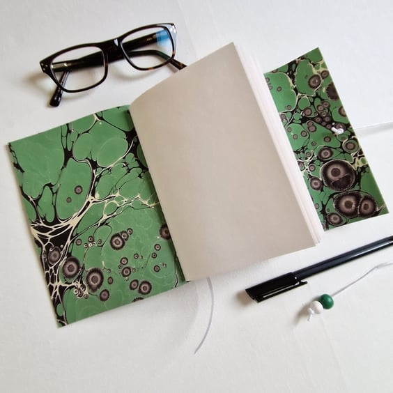 Black Leather Journal or Sketchbook with Green and Black Marble Paper Lining, 