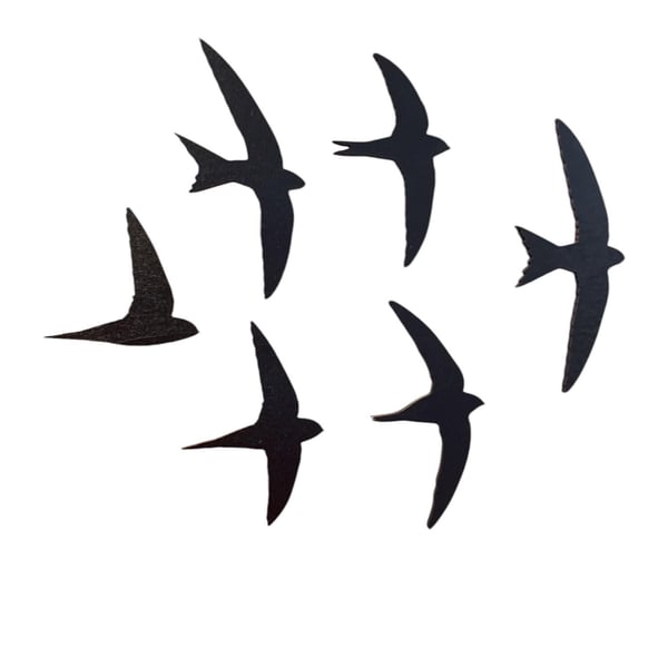 Set of 6 Laser-Cut Swift Birds in Flight – Painted Black – Handmade in Devon