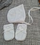 Hand knitted baby girls hat & mittens
