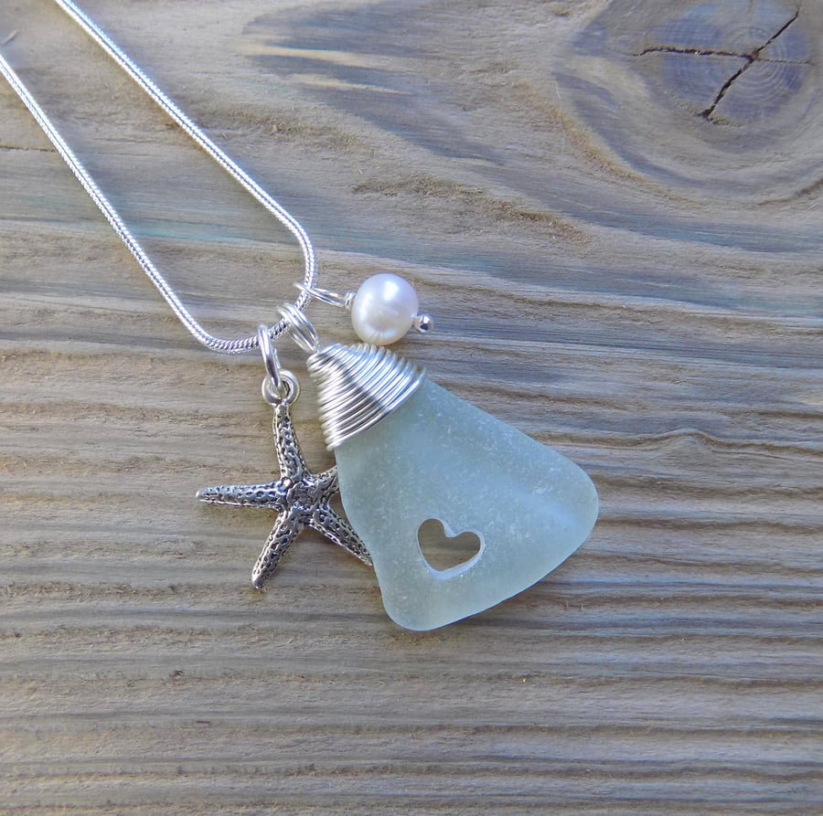 Sea glass heart wire wrapped pendant