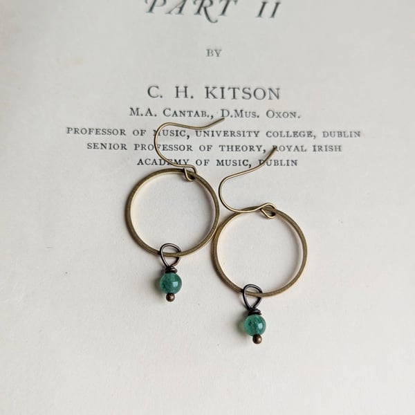 Golden Hoops with Aventurines - drop earrings - moss green gem stones and brass 