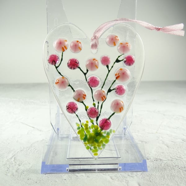 Pink floral heart shaped fused glass suncatcher, handcrafted, 6.5 x 9cm (0231)