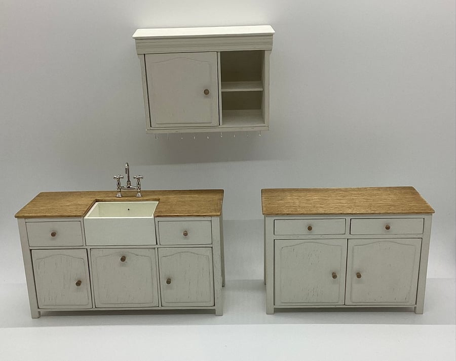 Dolls house kitchen set sink unit cupboards 1:12 scale handmade