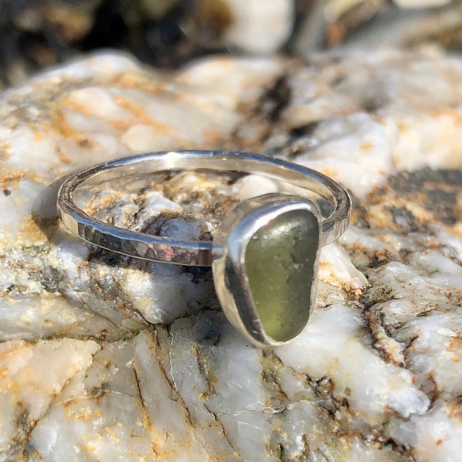 Olive Green Sea Glass and Hammered Sterling Silver Ring - Size R - 1093